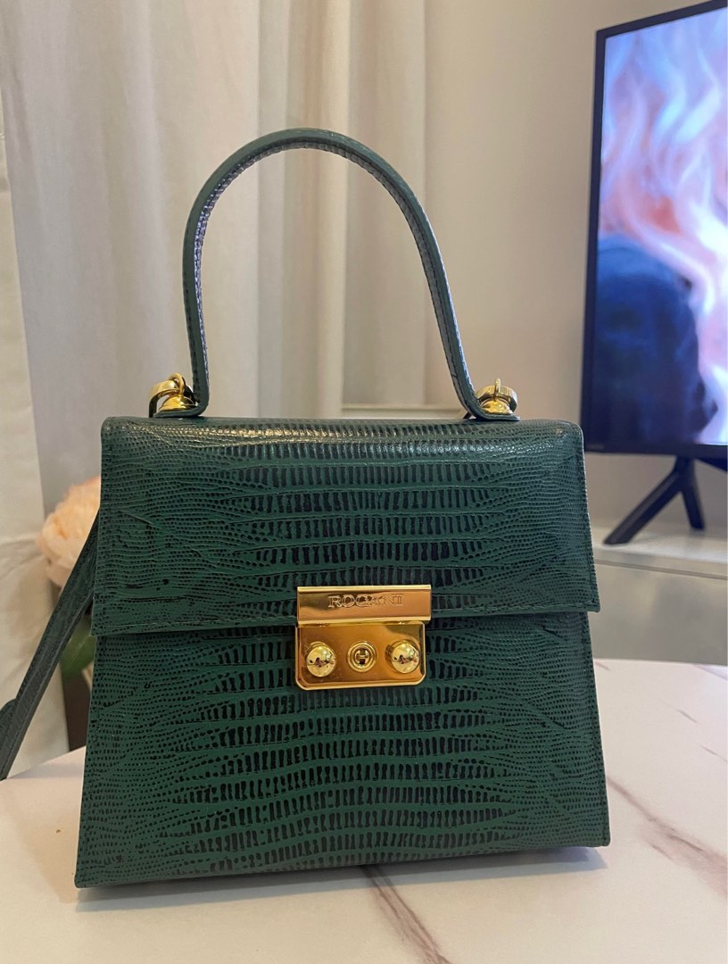 NEW Francesco Rogani Roma Crocodile Embossed Leather Sage Green Metallic Bag‎ Rogani Roma Green Croc Top Handle Bag (23cm), Women main image 3
