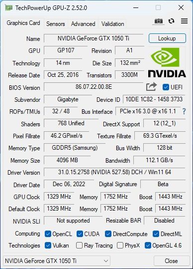 GIGABYTE GTX 1050 Ti WindForce X2 OC 4GB Computers Tech Parts