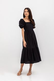 LAB Copen Pleated Puff Sleeve Cotton Maxi Dress Black