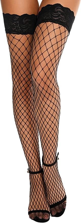 Lucky Doll® Black Lace Top Large fishnet Thigh High Nylon Stretchy Stockings Hosiery