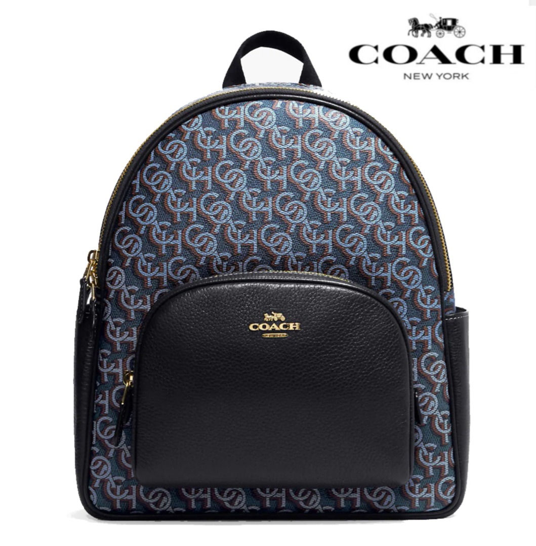 New Coach Original Blue Signature Collection Court Backpack With Coach Monogram Print Backpack For Women Come With Complete Set Suitable For Gift