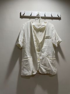 Nooknook正韓白色棉麻設計感短袖西裝外套