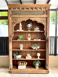 Original Indian Mehrab huge antique book shelves in solid teak wood, vintage rustic with ornate carvings, perfect display cabinet - 250 cm tall