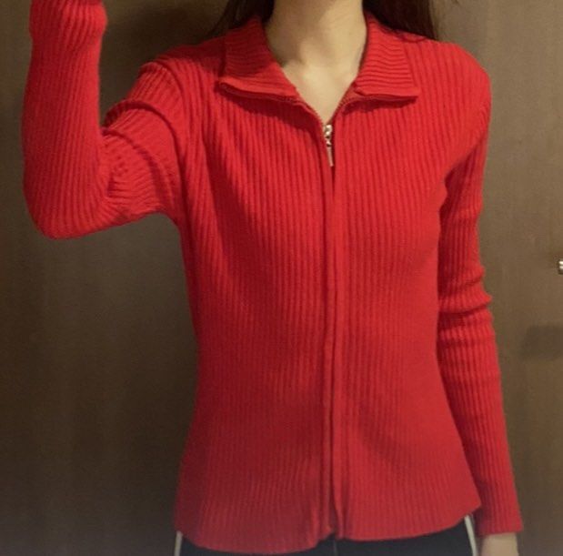 Red Zip up Knit Jacket Cardigan Sweater