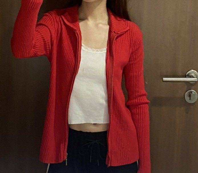 Red best sale zipper cardigan
