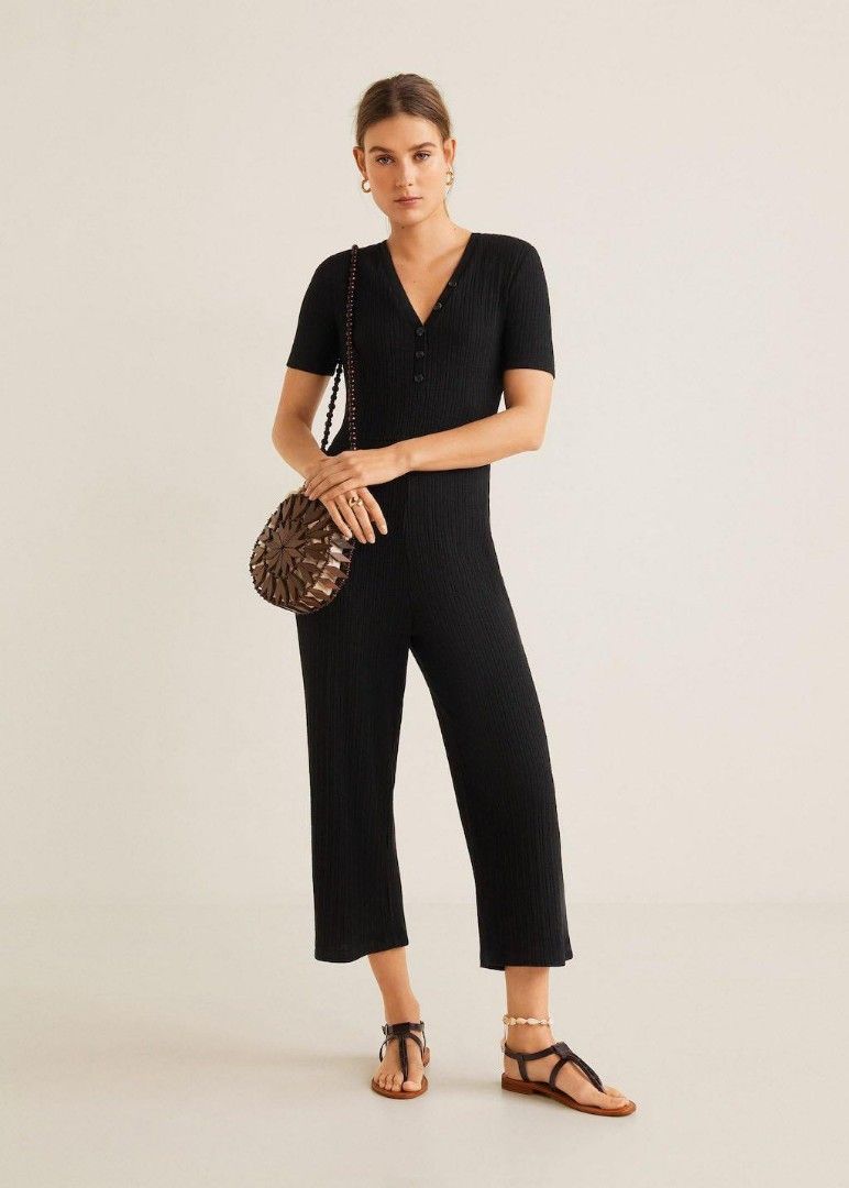 RTP 89 MANGO Black ribbed knit v neck wrap jumpsuit long playsuit short sleeve knitted