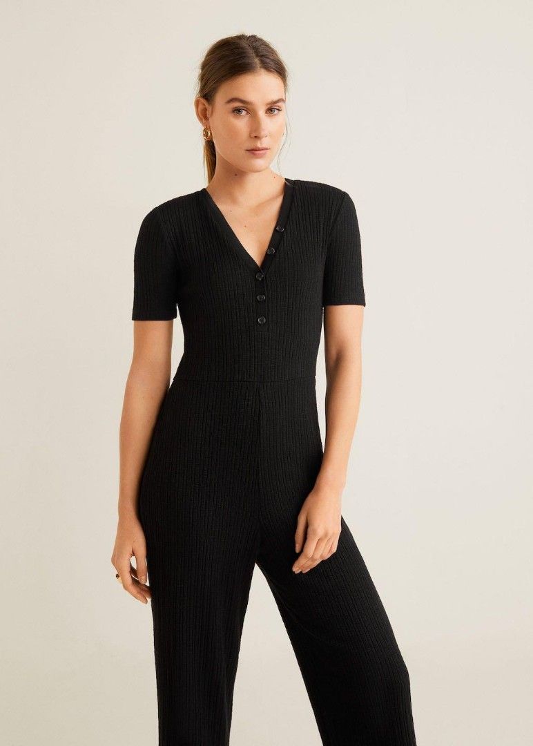 RTP 89 MANGO Black ribbed knit v neck wrap jumpsuit long playsuit short sleeve knitted