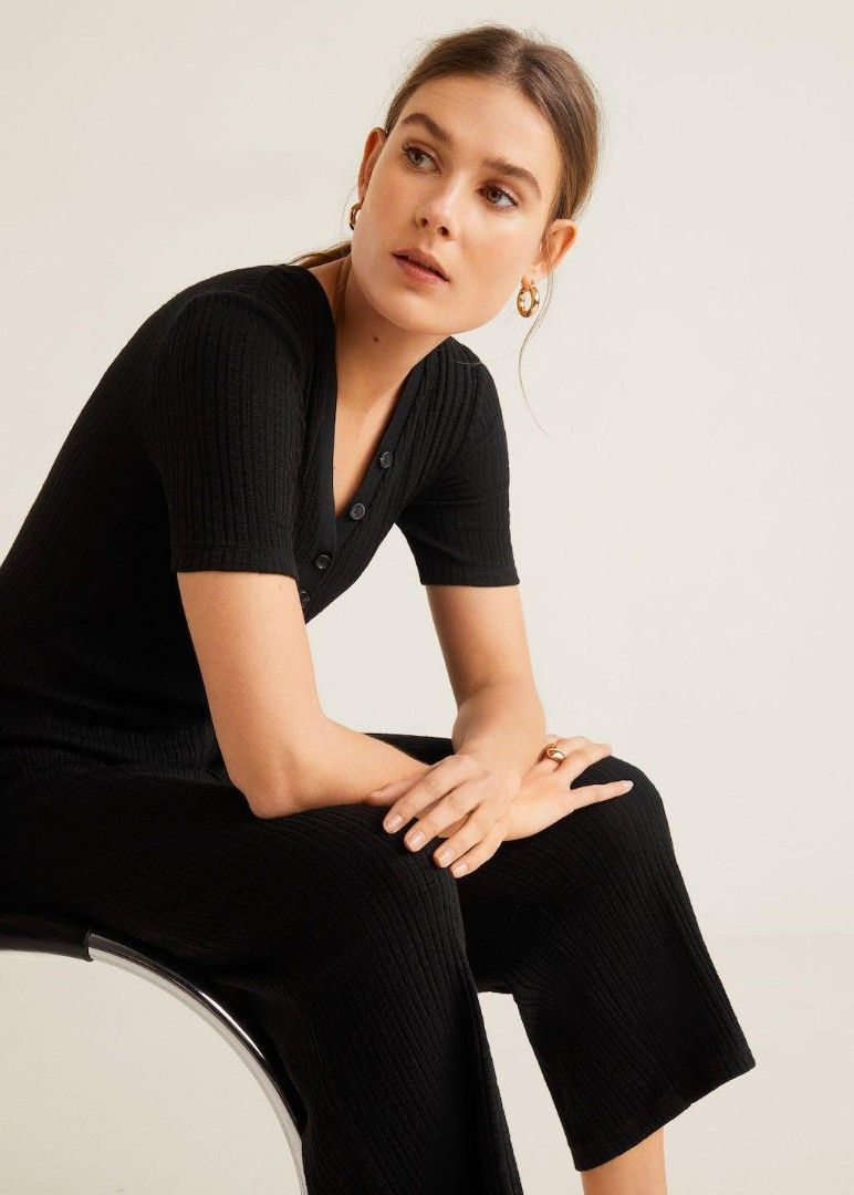 RTP 89 MANGO Black ribbed knit v neck wrap jumpsuit long playsuit short sleeve knitted