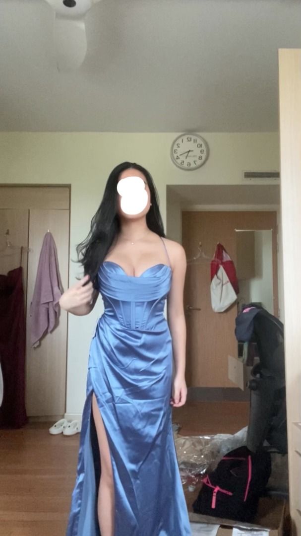 Smokey Blue Corset Gown Satin Prom Dress Zendaya Gown One Honey Boutique