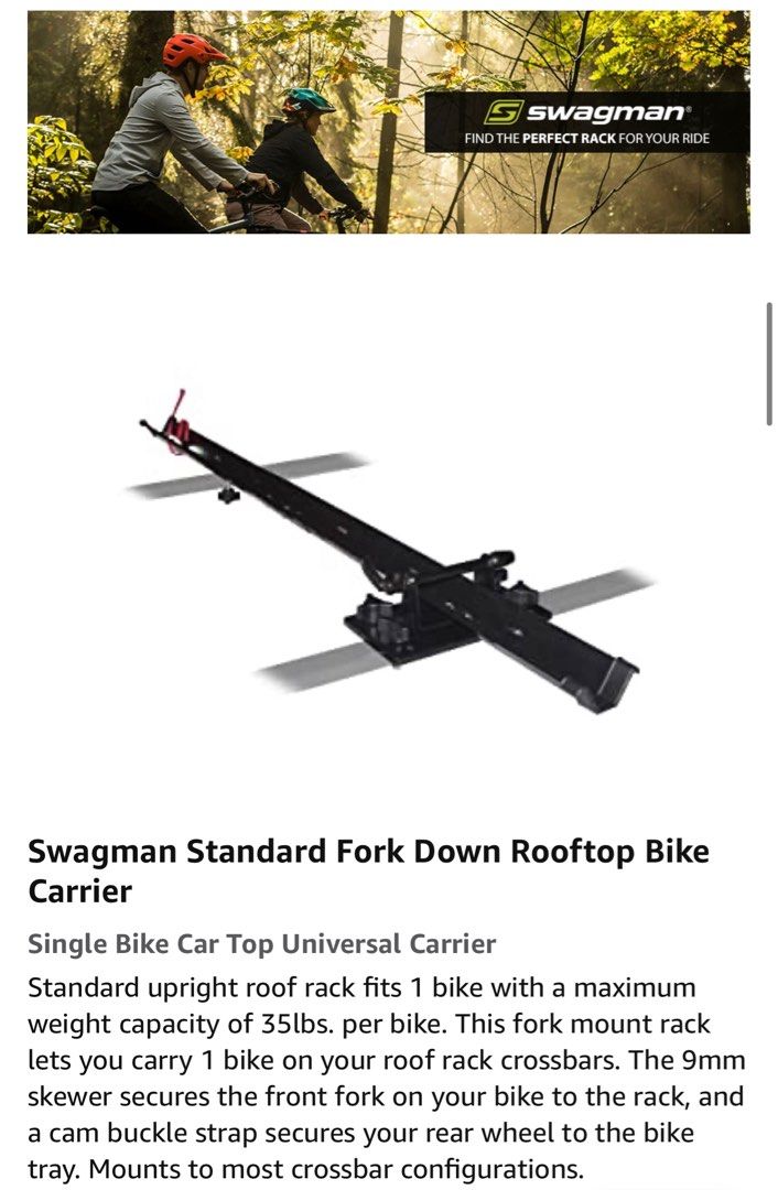 Swagman Standard Fork Down Rooftop Bike Bicycle Rack Carrier