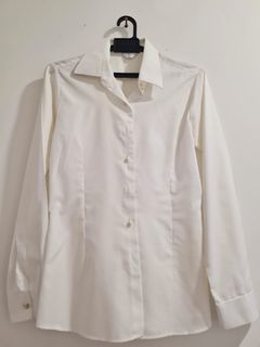 [Tailor Made Office] White Blouse Top Quality Pearl cuffling