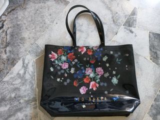 Ted Baker Womens Crossbody Purse Floral Canvas and Black PVC Glossy 9.5 x 7  x 3