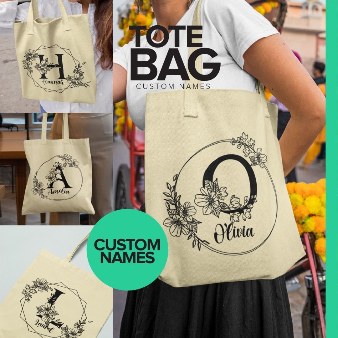 Tote Bags Custom Print with Name ALPHABET FLORAL Designs Customised Tote Bags Fast Shipping Gifts for Birthday
