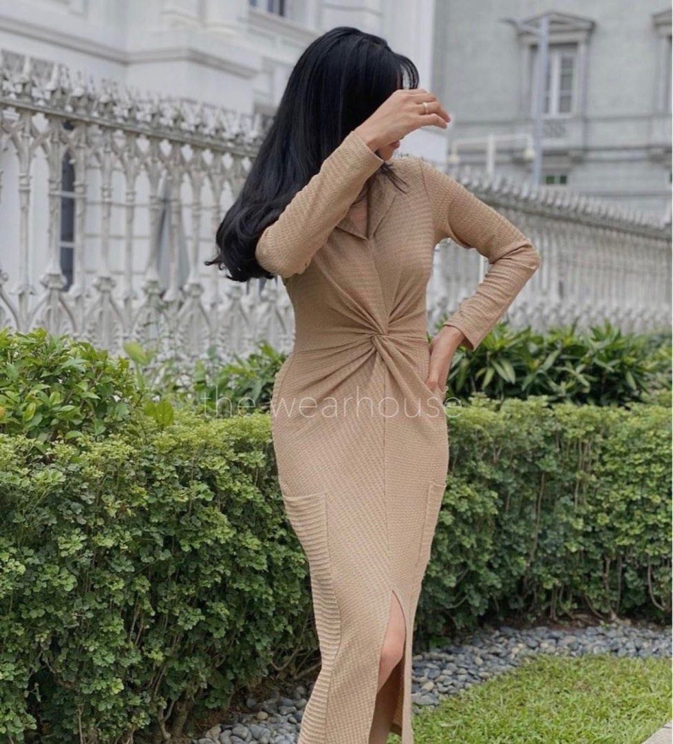 Wearhouse brown knot, textured long sleeve dress, Women's Fashion, Dresses  u0026 Sets, Dresses on Carousell
