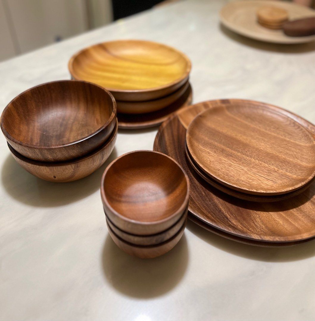 Wooden Plates and bowls (12 pieces), Furniture & Home Living