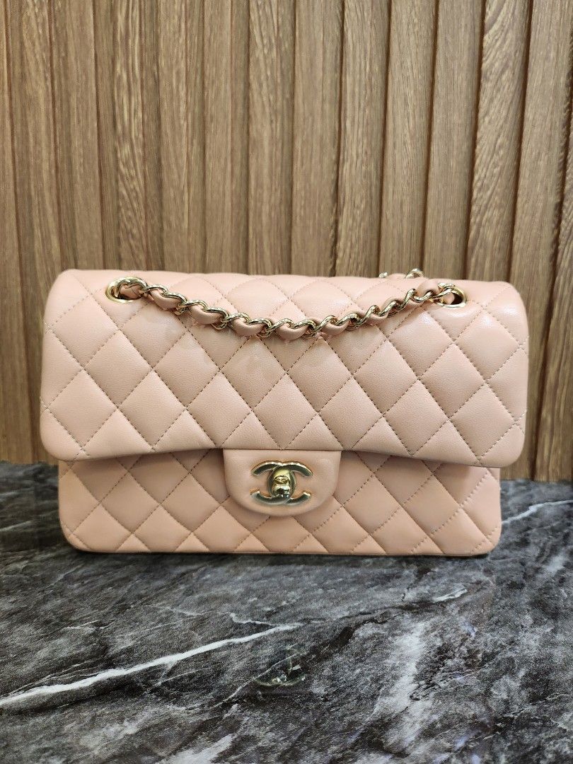 Chanel Iridescent Pink Quilted Lambskin Medium Classic Double Flap Silver Hardware, 2021 (Like New), Womens Handbag