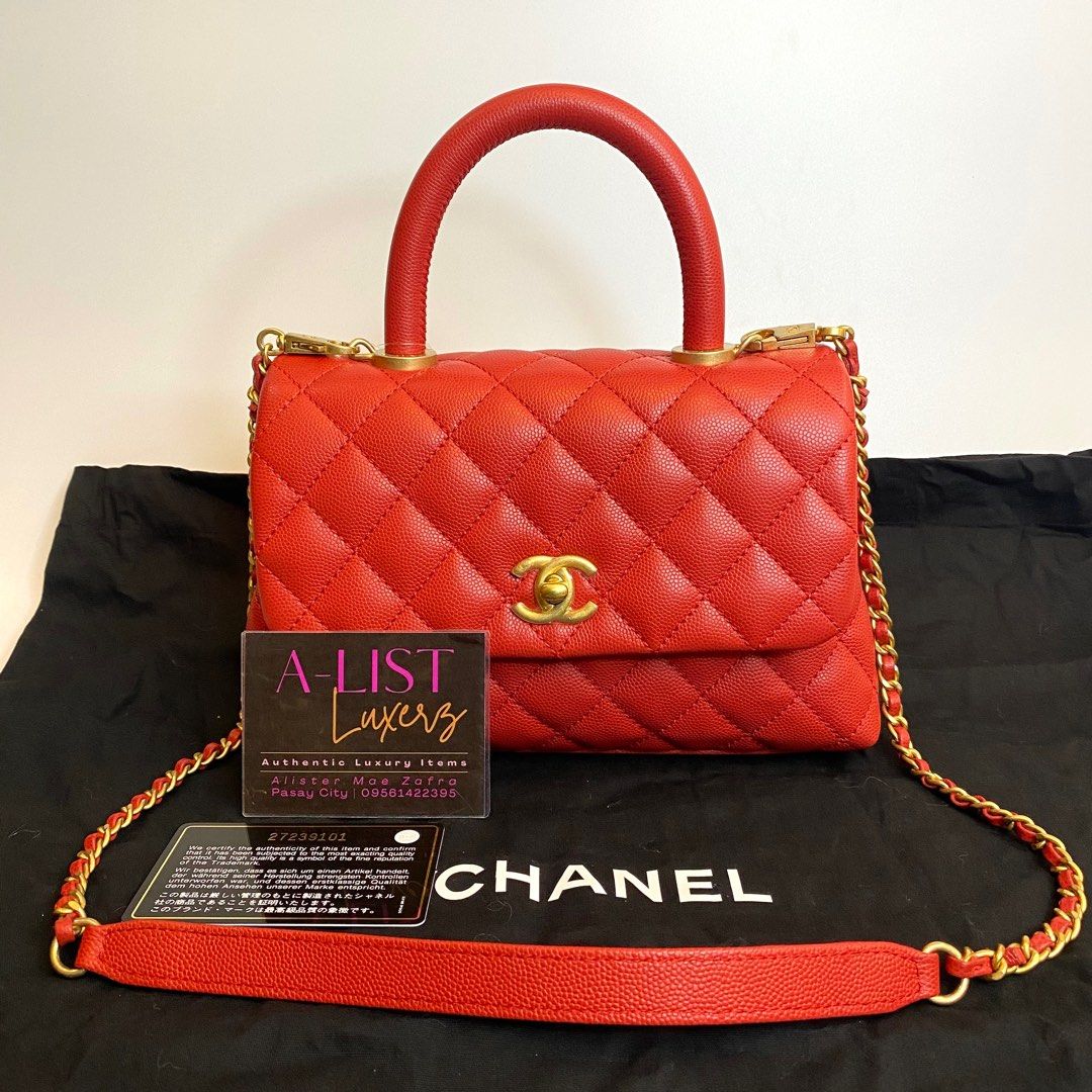 AUTHENTIC CHANEL COCO HANDLE SMALL FLAP BAG IN QUILTED RED CAVIAR