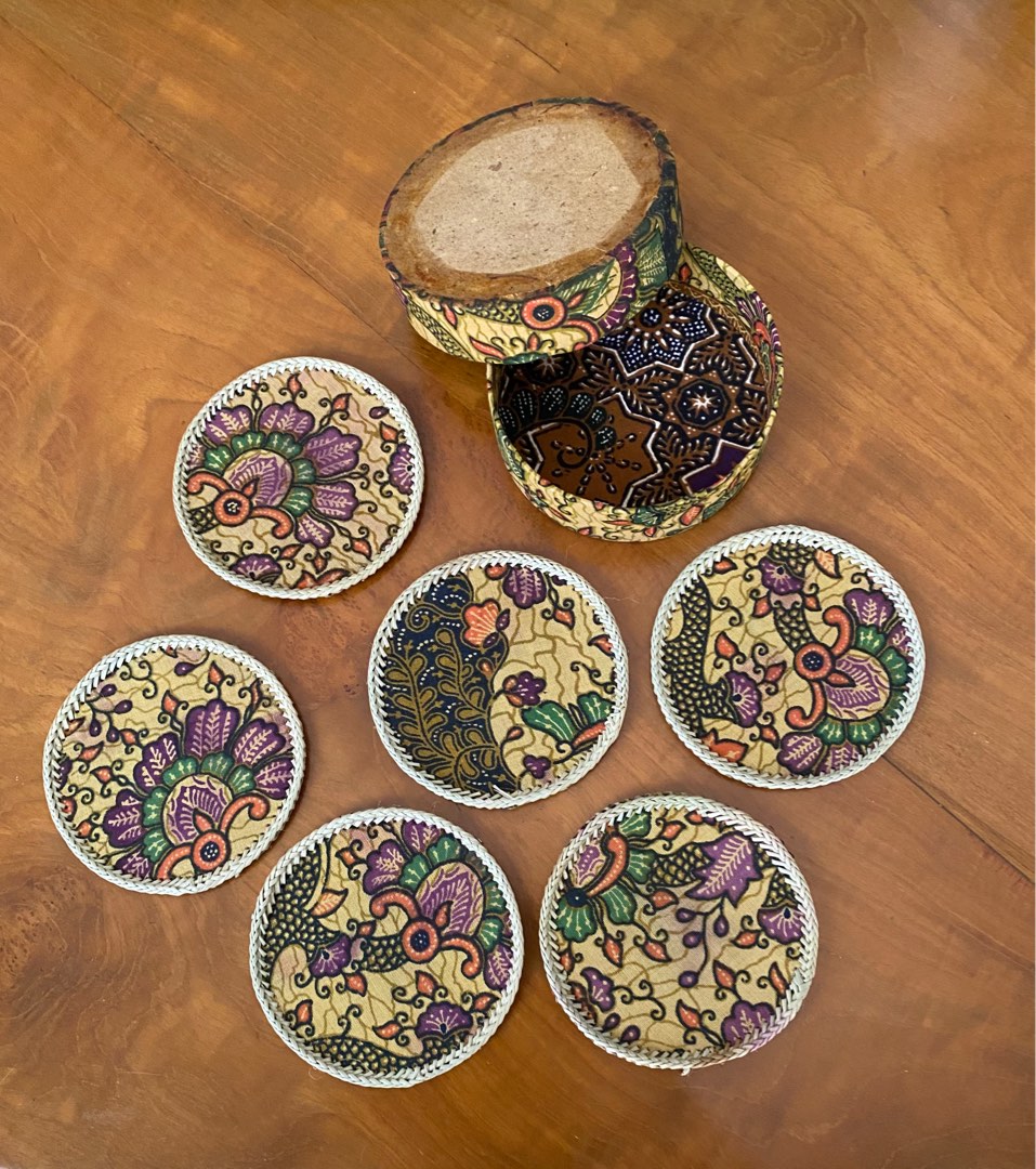 Batik design fabric cup coaster with container, Furniture & Home Living