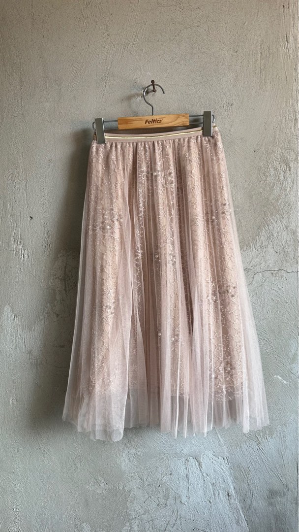 Garterized tulle/lace skirt with pearls on Carousell