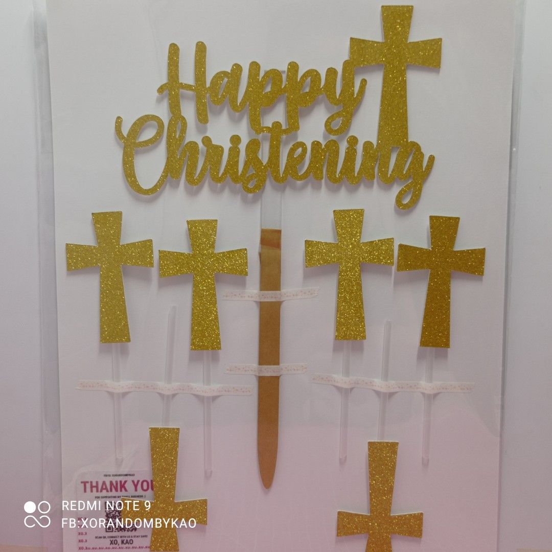 Happy Christening Cake Topper with Cross Cupcake Toppers on Carousell