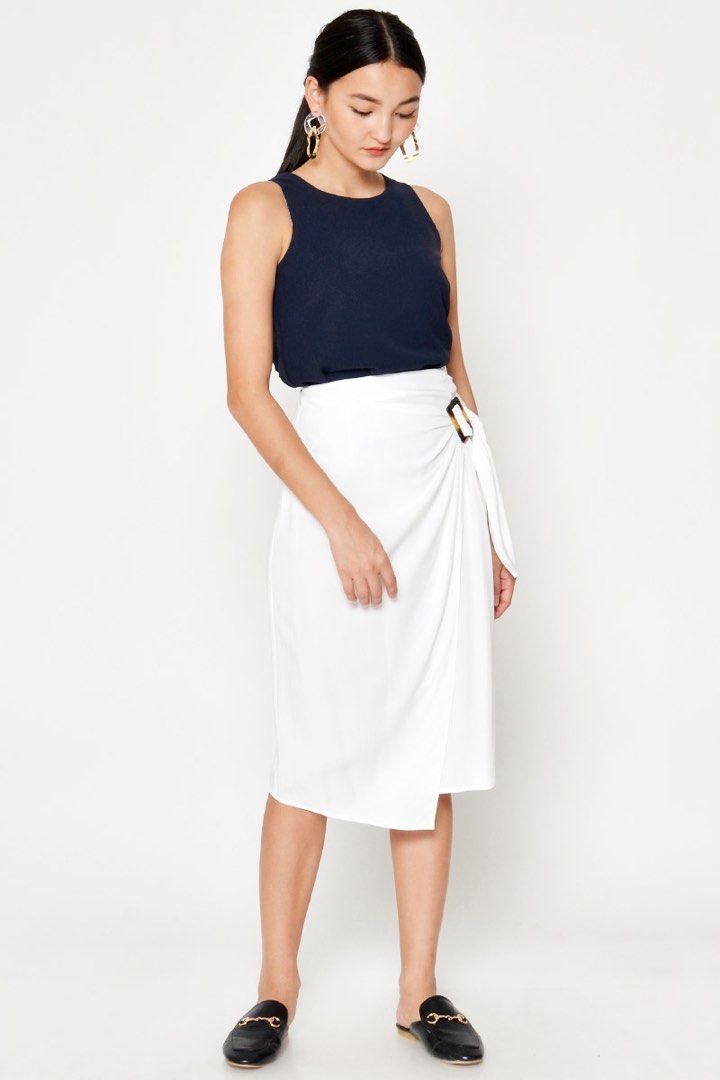 Love&Bravery DREZEL TENCEL BUCKLE DRAPE MIDI SKIRT, White, Size S (Category: Skirts) located in Singapore. Submitted by cantstopshop (Listing ID 1234491375, Image 1). Description: RTP $28.