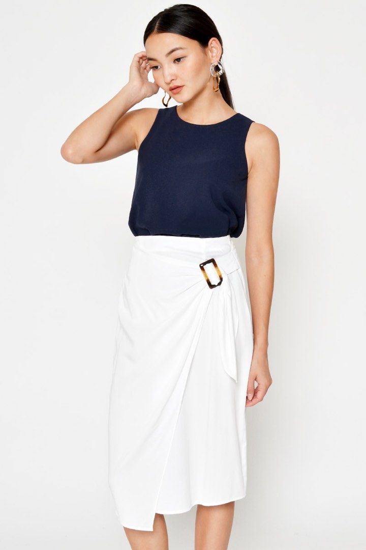 Love&Bravery DREZEL TENCEL BUCKLE DRAPE MIDI SKIRT, White, Size S (Category: Skirts) located in Singapore. Submitted by cantstopshop (Listing ID 1234491375, Image 2). Description: RTP $28.