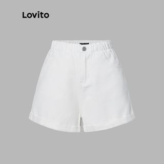 Lovito Casual Plain Elastic Waist Side Pocket High Waist Roll Hem Denim Shorts for Women L24AD023 (Blue/White)
