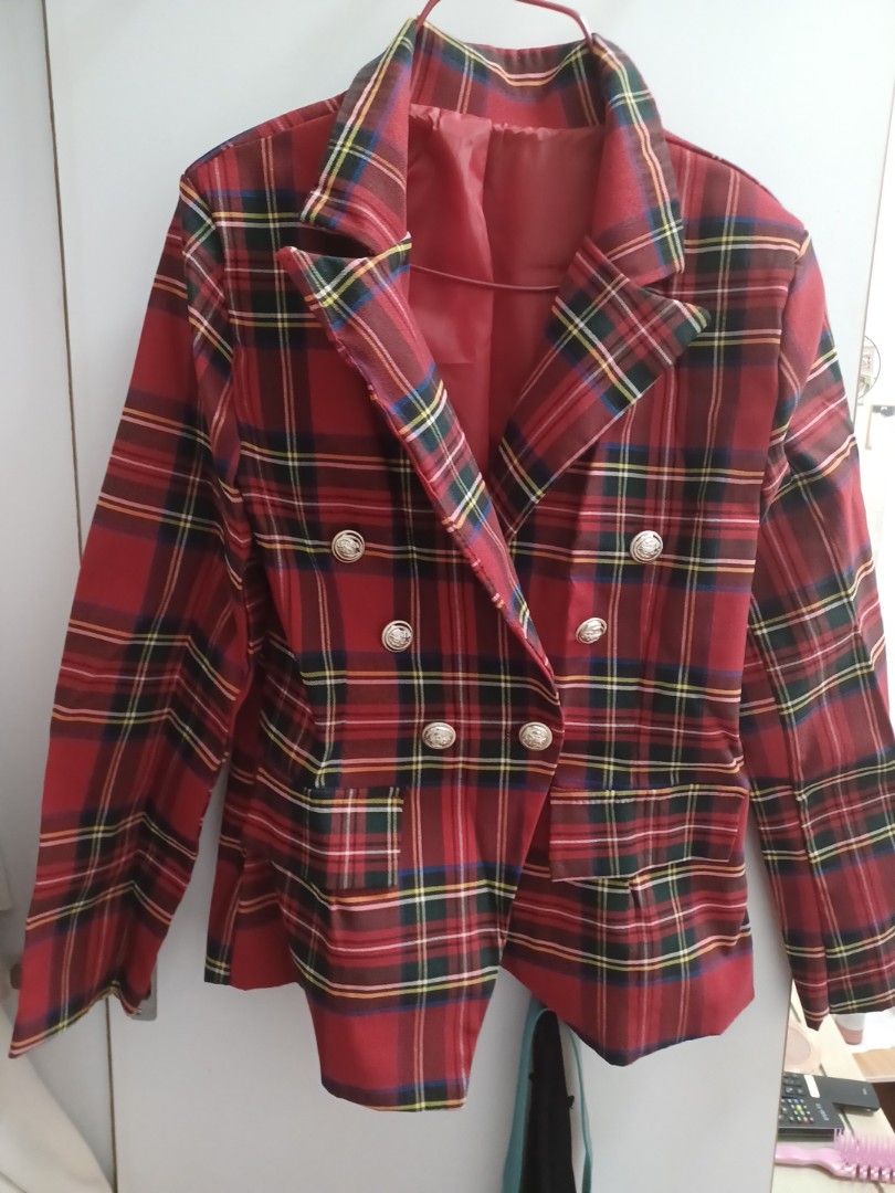 Made in Italy red checkered plaid blazer dress with buttons