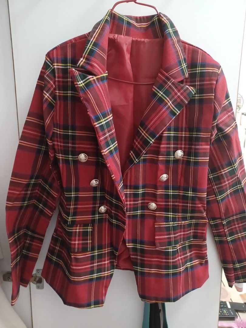 Made in Italy red checkered plaid blazer dress with buttons