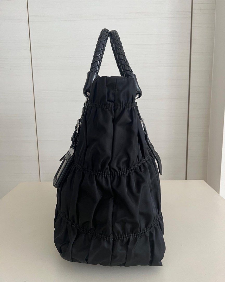 Prada Tessuto Gaufre Ruched Nylon Hobo in Black