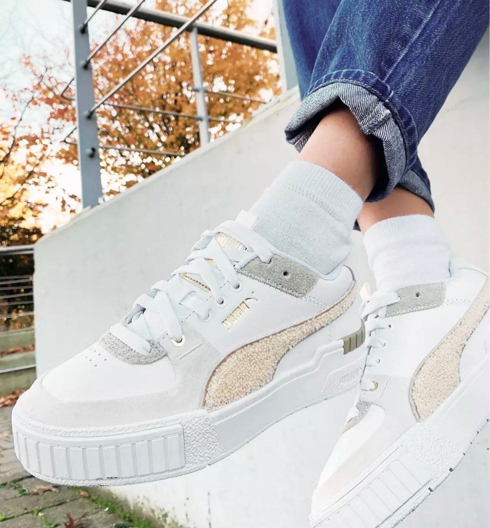 Puma Cali Sport sneakers with sherpa details in white and sage