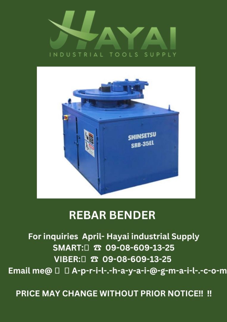 Rebar bender (Category: Construction Tools & Equipment) located in Caloocan City. Submitted by aprilv96843328 (Listing ID 1234533875, Image 1). Description: Rebar bender Rated voltage: 220v Frequency: 60hz Power: 3kw Motor rpm: 1,450rpm Max bending diameter: 35mm Dimension: 1,080 x 990 x 880mm Weight: 765kg PRICE: 380,000 For inquiries April- Hayai industrial Supply SMART:📞 ☎ 09-08-609-13-25 VIBER:📞 ☎ 09-08-609-13-25 Email me@ 📫 📑 A-p-r-i-l-.