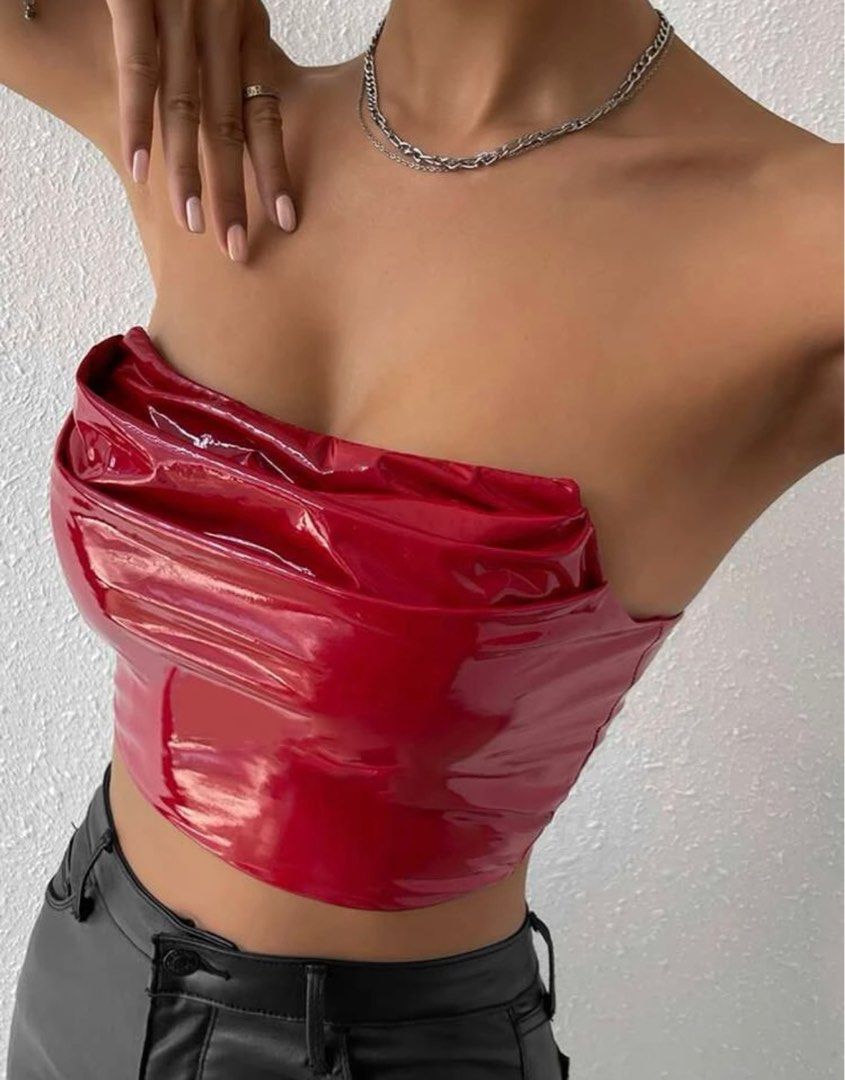 Red leather off shoulder on sale dress
