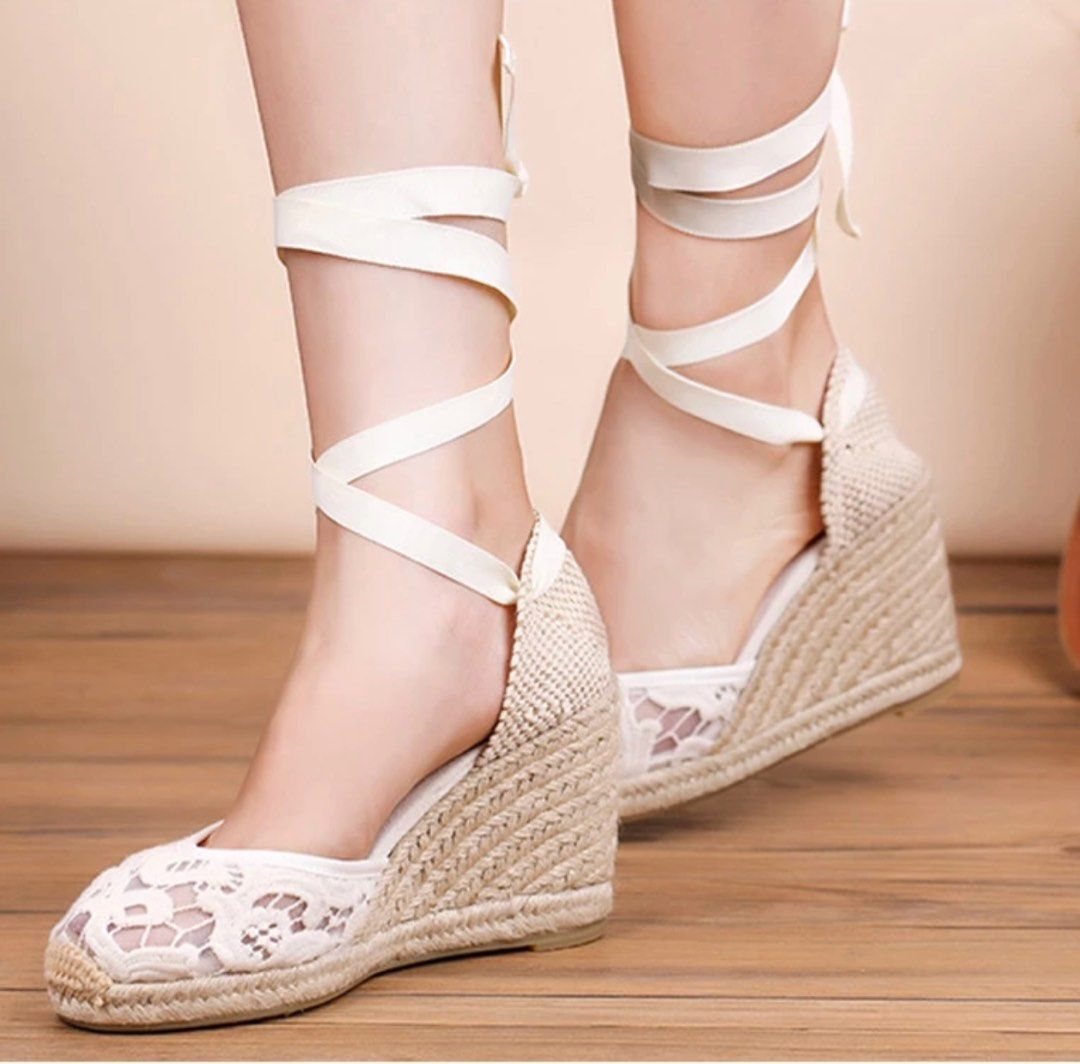 White lace deals up wedge sandals