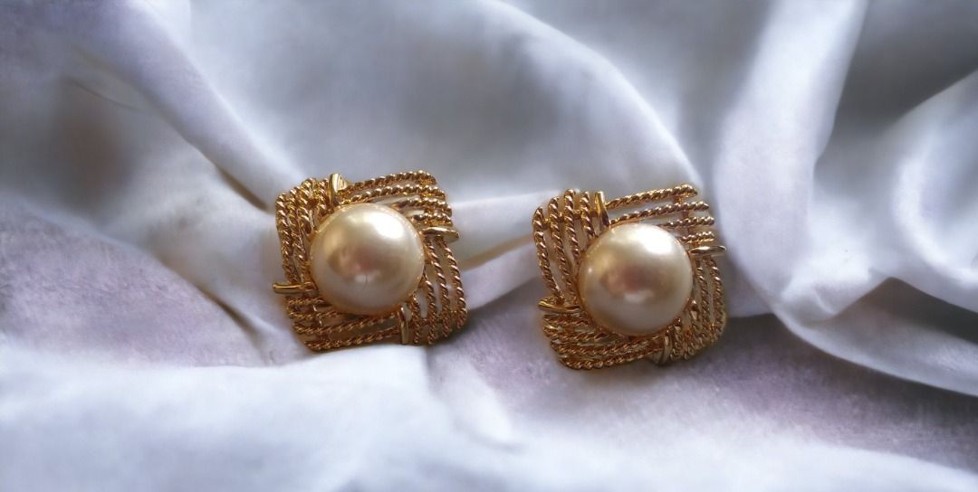 Vintage Napier Pierced Earrings Square Gold Tone Faux Pearl
