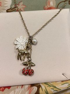 VINTAGE Necklace with Charms - cherry, deer, pearl and flower