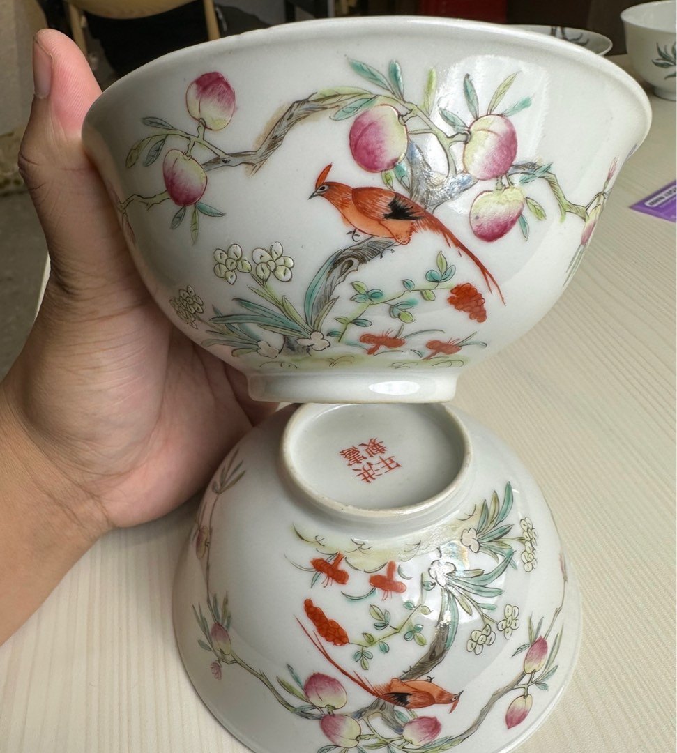 大清康熈年製 款 粉彩花鳥詩文茶碗 唐物 入手困難 骨董 中国古玩