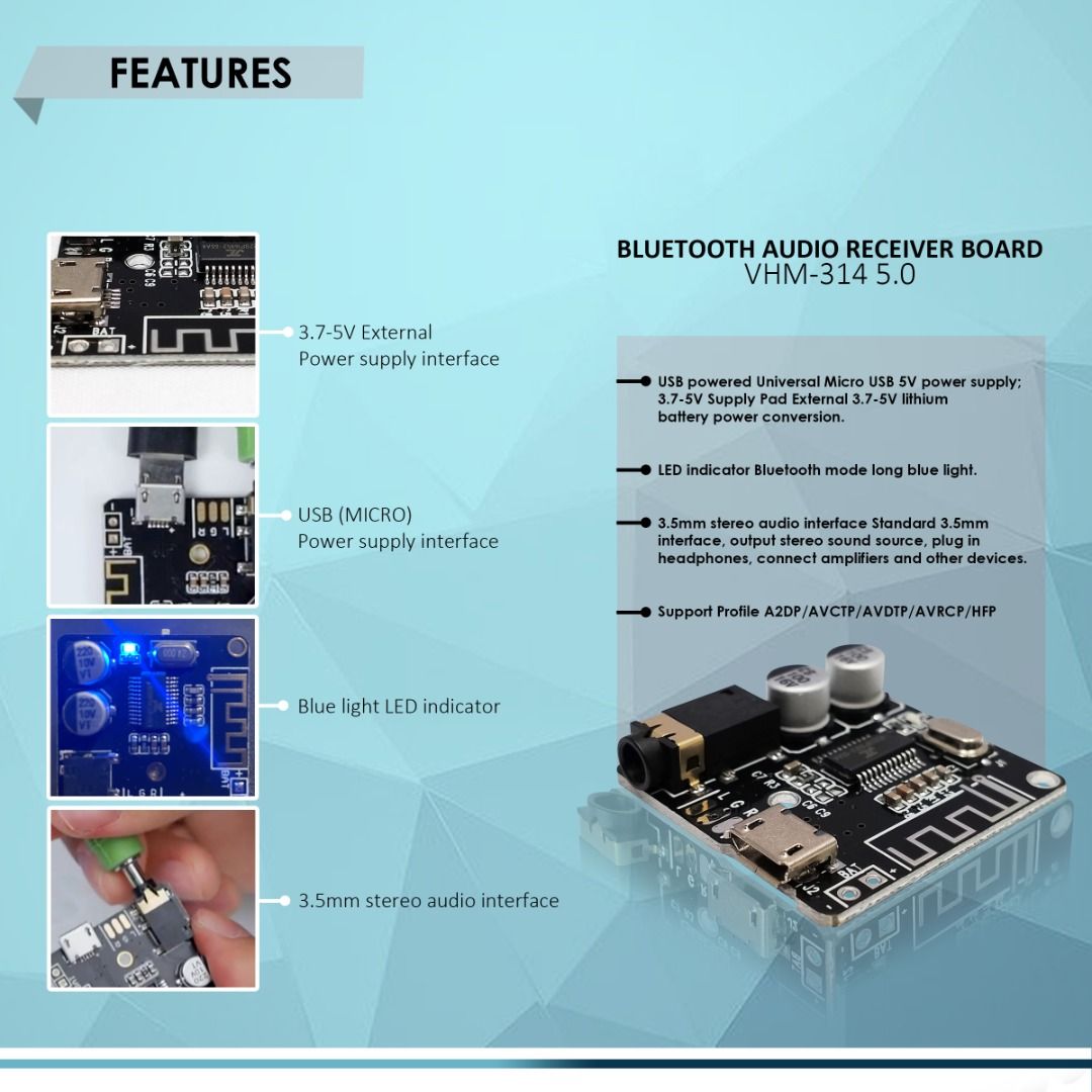 BLUETOOTH AUDIO RECEIVER BOARD VHM-314 5.0, MP3 LOSSLESS DECODER BOARD WIRELESS STEREO MUSIC MODULE (Category: Portable Audio Accessories) located in Quezon City. Submitted by besteinpc (Listing ID 1228467420, Image 2). Description: BLUETOOTH AUDIO RECEIVER BOARD VHM-314 5.0, MP3 LOSSLESS DECODER BOARD WIRELESS STEREO MUSIC MODULE FEATURES: 👉USB powered Universal Micro USB 5V power supply; 3.7-5V Supply Pad External 3.7-5V lithium battery power 