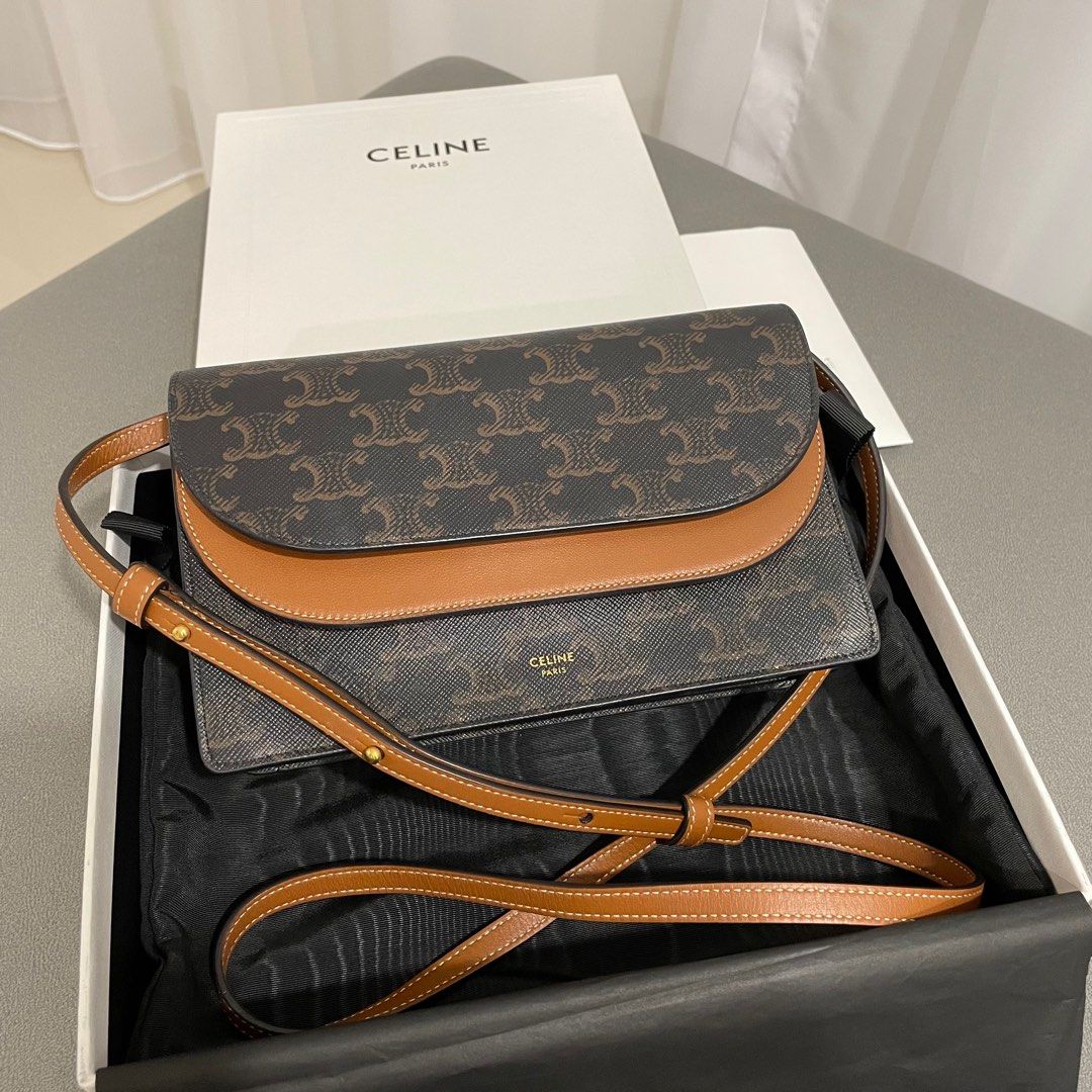 Celine WALLET ON STRAP IN TRIOMPHE CANVAS AND SMOOTH LAMBSKIN