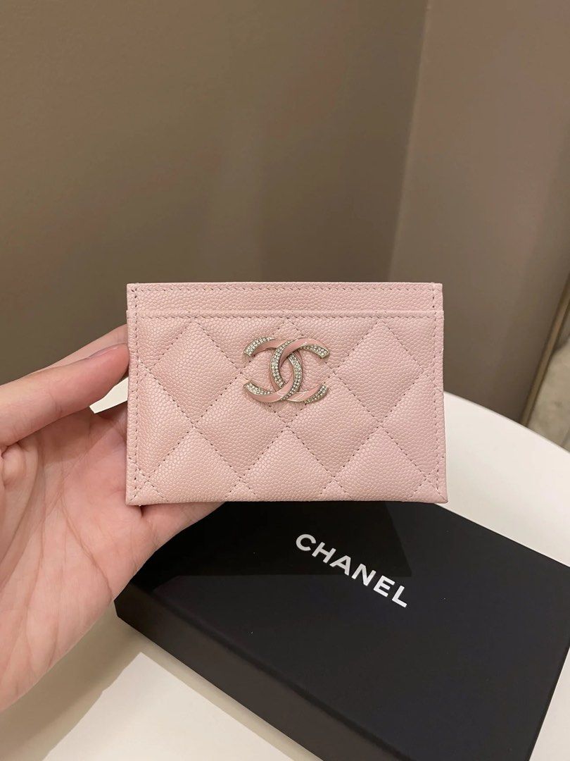 CHANEL 18S Pearly Pink Caviar Flat Card Holder Mini Wallet Iridescent Card  Case