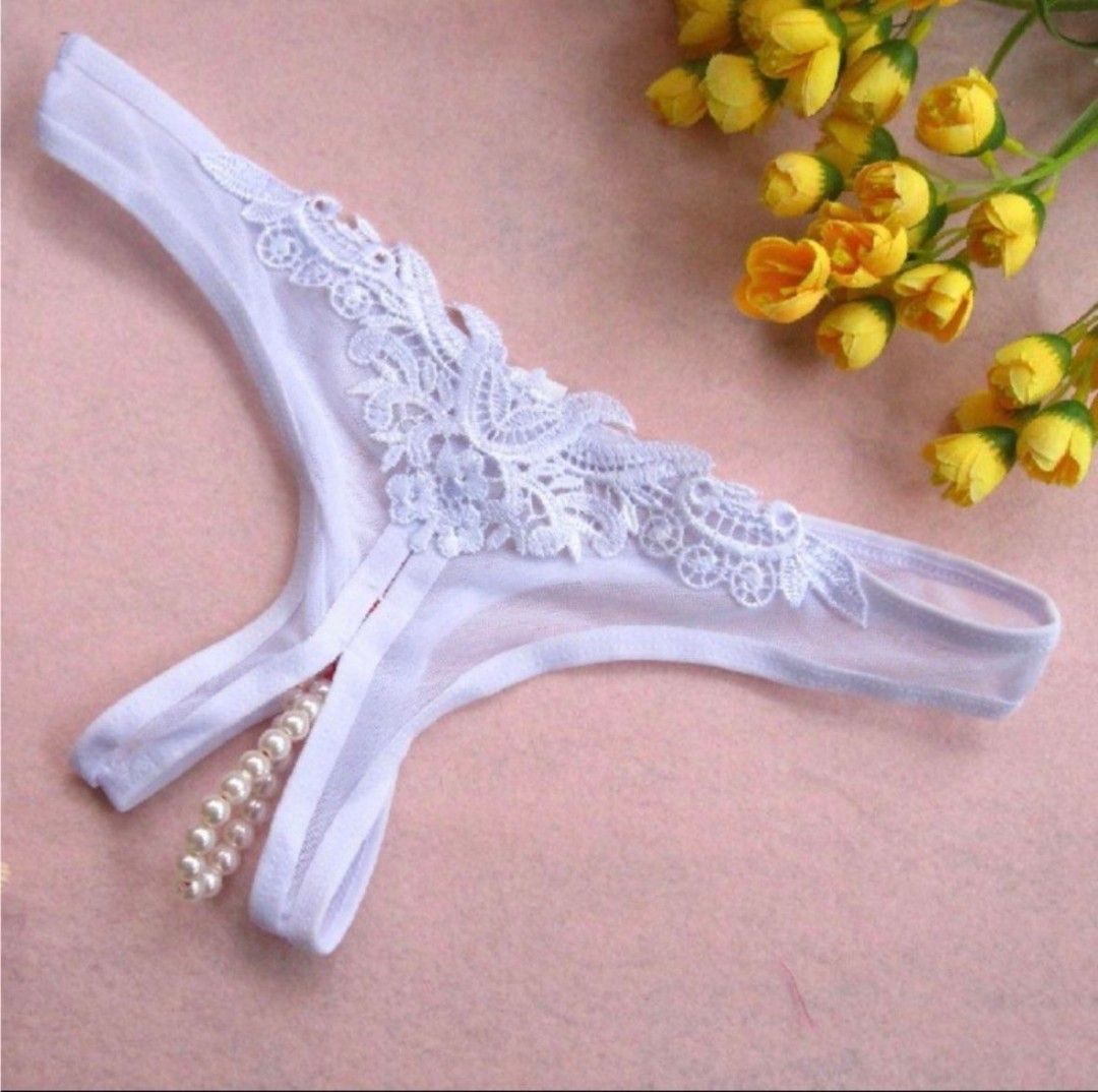 Women Sexy Lingerie G String Open Crotch Panties Lace Tassel Pearl