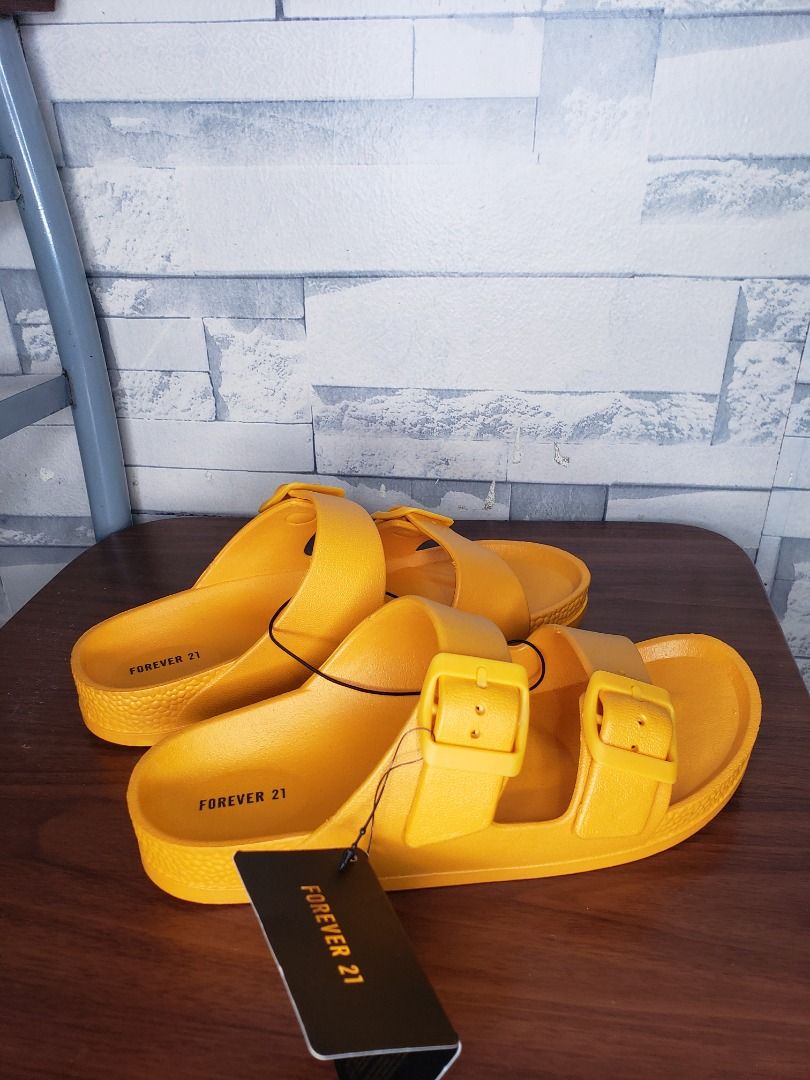 Forever 21 Mustard Yellow Double Strap Slide Sandals Women s Fashion Footwear Flats Sandals on Carousell