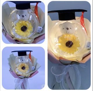 Graduation Bouquet - cute acylic Ball soap flower Bouquet with fairy light and carrier (bouquet ht. 33cm  x w 20cm