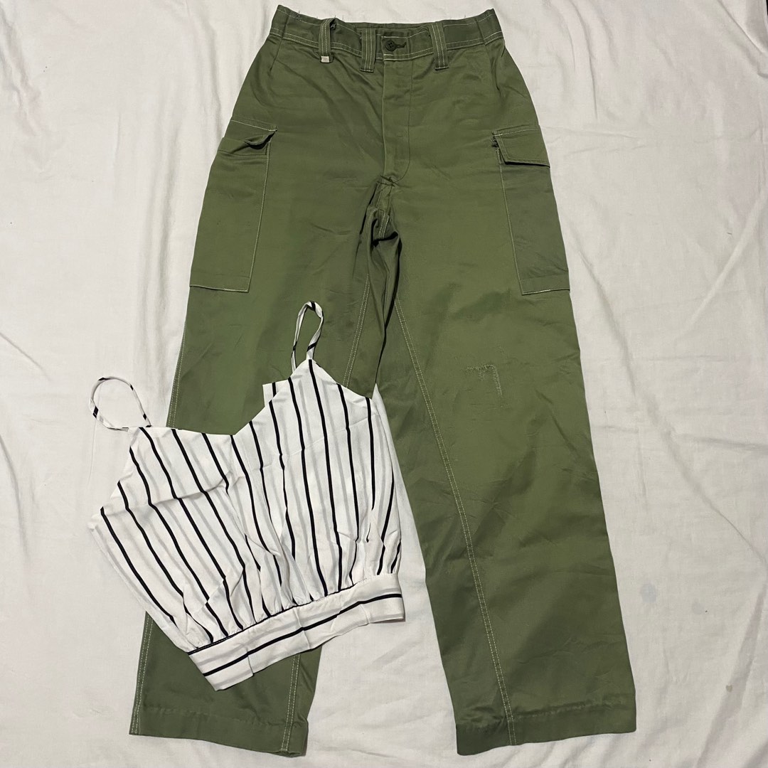 green cargo pants + shein top on Carousell