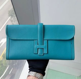 Hermes Jige Pouch Clutch Bag Veau Swift Leather Turquoise Blue