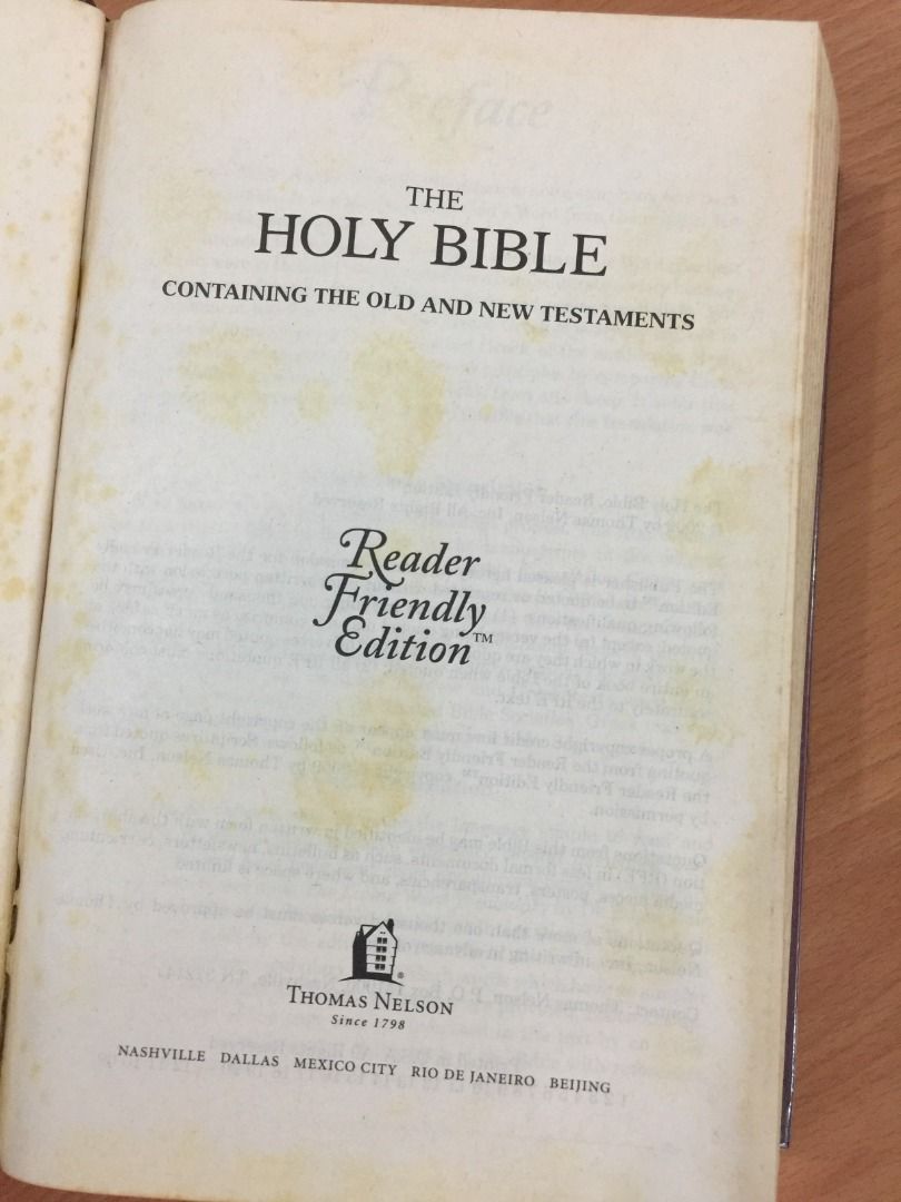 Holy Bible: Reader Friendly Edition (RFE) (Category: Religion Books) located in Pasay City. Submitted by rarebiblesandmore (Listing ID 1229933170, Image 3). Description: Holy Bible Reader Friendly Edition™ Containing the Old and New Testaments Thomas Nelson Copyright 2009 – Hardcover – Clean pages – Edge tanning, light stains on title page ------------------------------------------------- MODE OF PAYMENT Maya or GCash ----------------------------