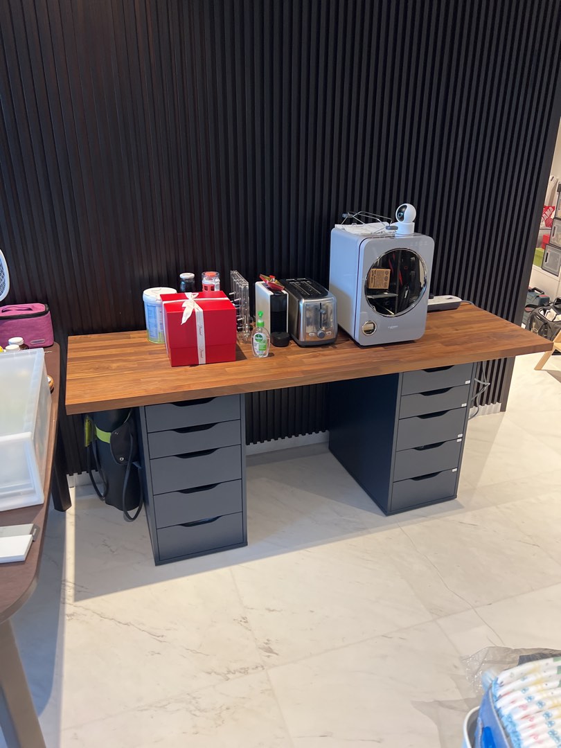 Ikea Office Table (solid wood table top + two Alexandra drawers