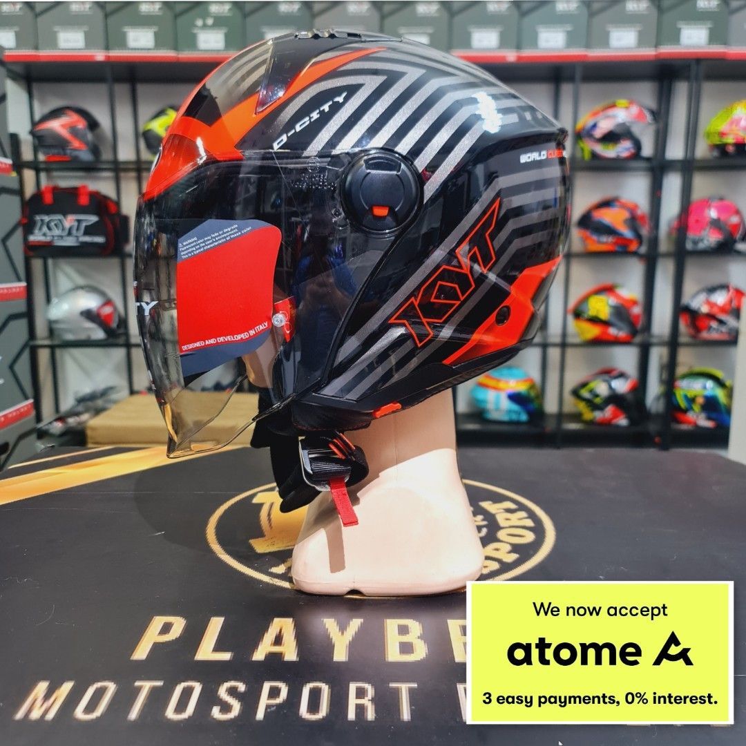 KYT D-CITY STRIPE BLACK RED HELMET.. 🔥!! (Category: Motorcycle Accessories) located in Singapore. Submitted by playberzmotosport (Listing ID 1229988563, Image 1). Description: KYT D-CITY STRIPE BLACK RED HELMET..!! RETAIL PRICE @$165 🌟NOW @$155 ONLY..!! (FREE ISLANDWIDE DELIVERY.. 😊👍) 🌟PSB APPROVED CERTIFIED 🌟BUILD IN SUN VISOR.. 😎👍 🌟BLUETOOTH SPEAKER SPACE SLOT 🌟SMALL EXTERIOR SHELL (ABLE TO FIT MOST MOTORCYCLE HELMET COMPARTMENT.. 👍�