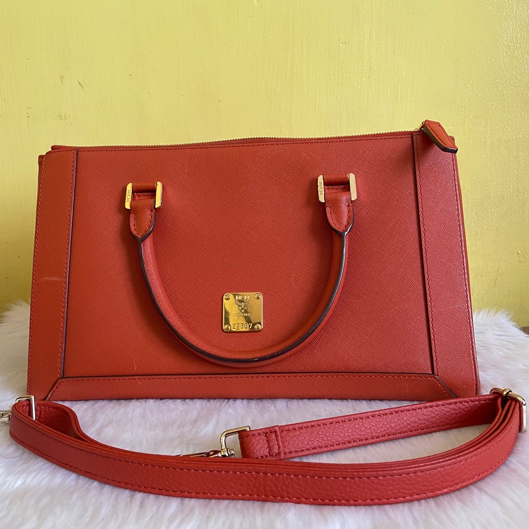 MCM Red Orange Leather 2 way Bag on Carousell