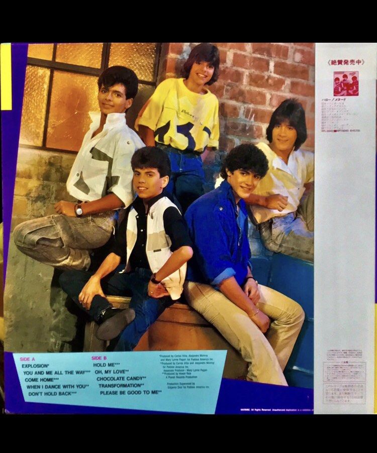 MENUDO - EXPLOSION LP JAPAN OBI EXCELLENT COPY (Category: Vinyls) located in Caloocan City. Submitted by vinyl_filipinas (Listing ID 1230003261, Image 2). Description: MENUDO - EXPLOSION LP Genre: Pop / Dance / Ballads / Latin Pop Year: 1985 Catalog # RPL - 8286 Label: RCA Victor Side One: 1. Hold Me - 4:17 2. You And Me All The Way - 3:57 3. Come Home - 3:39 4. When I Dance With You - 3:39 5. Don’t Hold Back - 3:24 Side Two: 1. Explosion - 3:54 